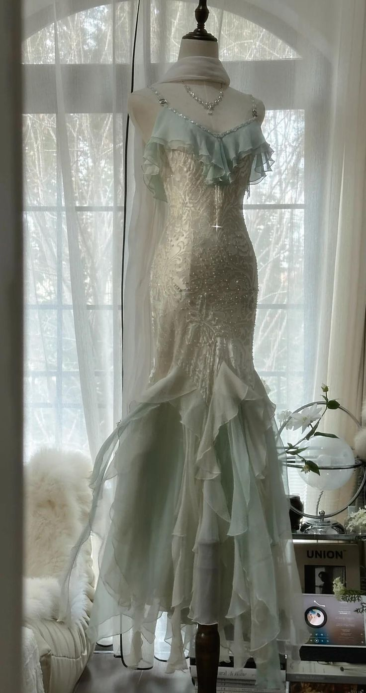 Classy Light Green Chiffon Beaded Mermaid Prom Dress,Spaghetti Straps Party Evening Dress