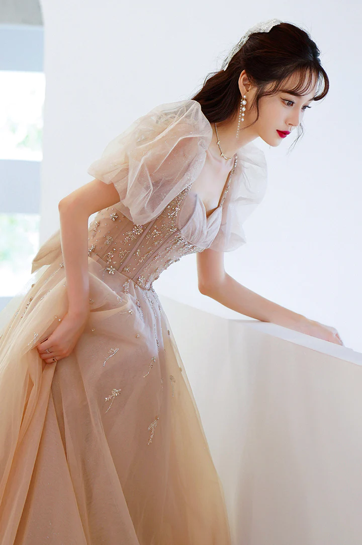 Cute tulle beads long prom dress A line evening gown