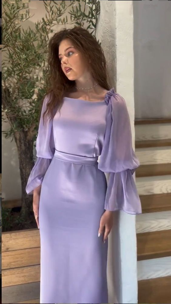 Lavender Puff-Sleeve Sheath/Column Evening Dress ,Winter Party Outfit Aesthetic