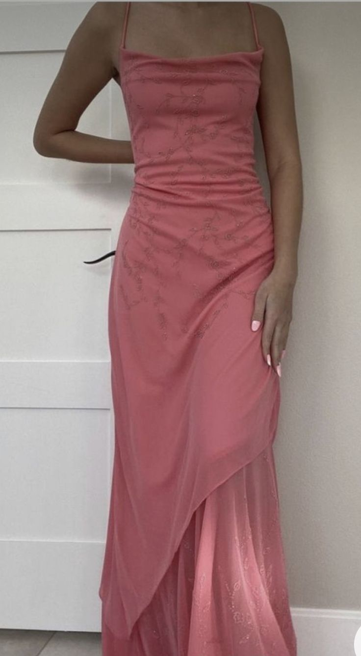 Classy Spaghetti Straps Pink Sheath Long Chiffon Prom Dress Party Evening Gown