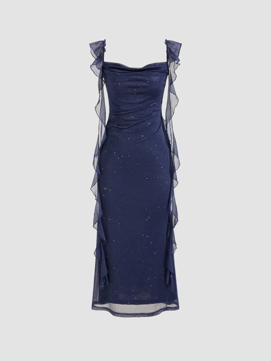 Shiny Navy Blue Chiffon Ruffles Long Prom Dress Elegant Evening Dress