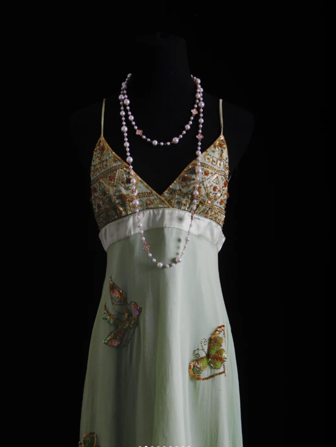 Classy Light Green Spaghetti Straps Chiffon Sequin Beaded Long Birthday Prom Dress Party Gown