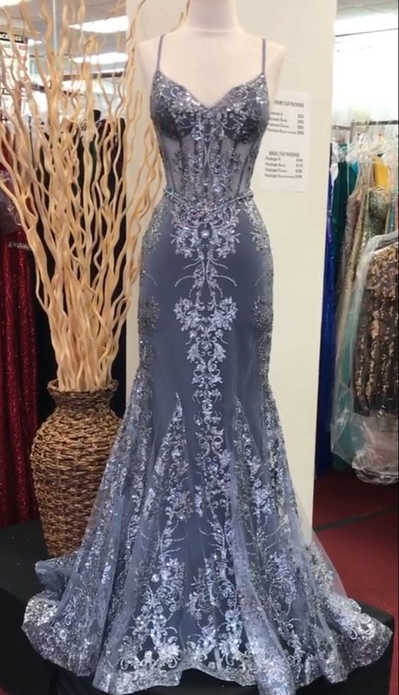 Beautiful V Neck Lace Mermaid Prom Dress Long Party Evening Dress