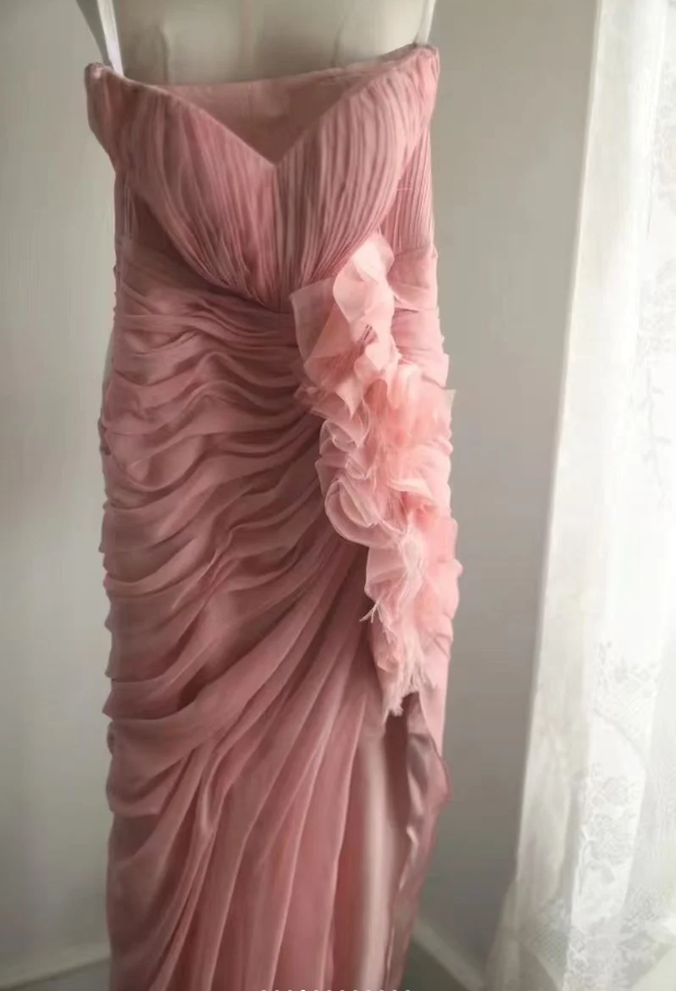 Pretty Pink Strapless Chiffon Pleated Slit Long Party Dress Evening Dress