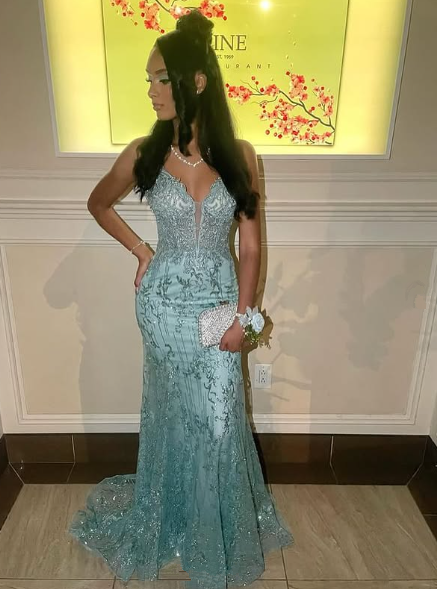 Charming Spaghetti Straps Tulle Lace Mermiad Prom Dress Blue V Neck Prom Evening Gown