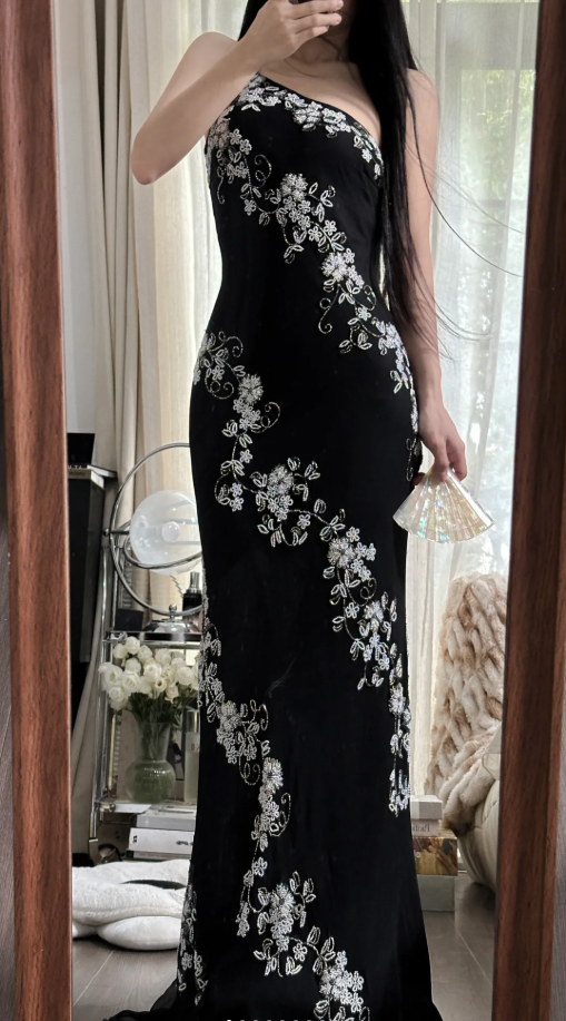 Classy One Shoulder Black Chiffon Beaded Mermaid Long Party Dress Evening Gown