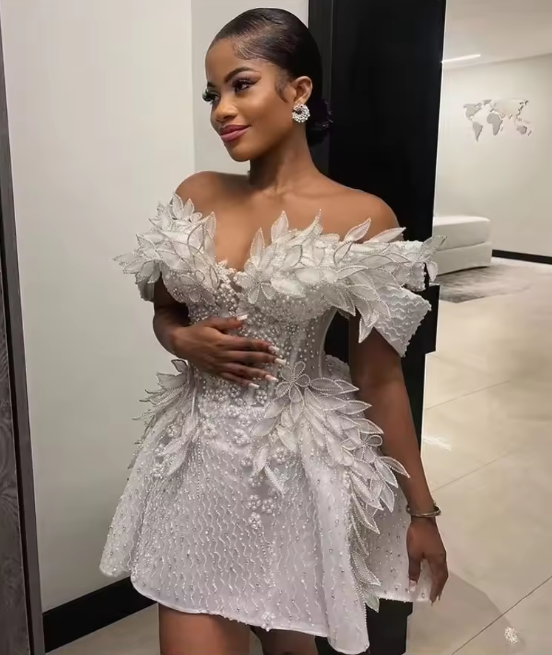Vintage Pearls Beaded Floral Short Cocktail Dress Birthday Dress White Off The Shoulder Homecoming Dress