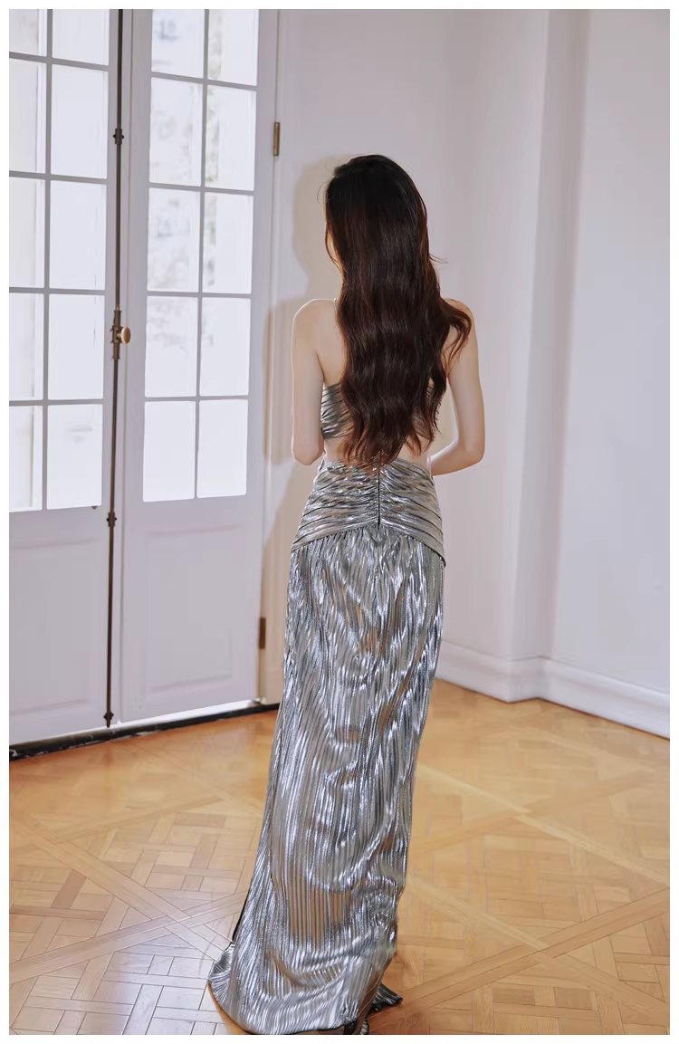 Fashion Silver Gray Satin Pleated High Slit Long Evening Dress Sexy Prom Dress