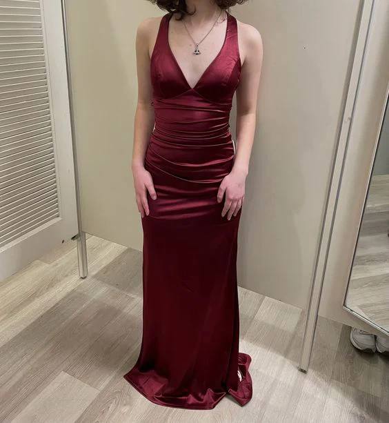Satin Plunging V- Neckline Long Evening Dress Burgundy Prom Dresses