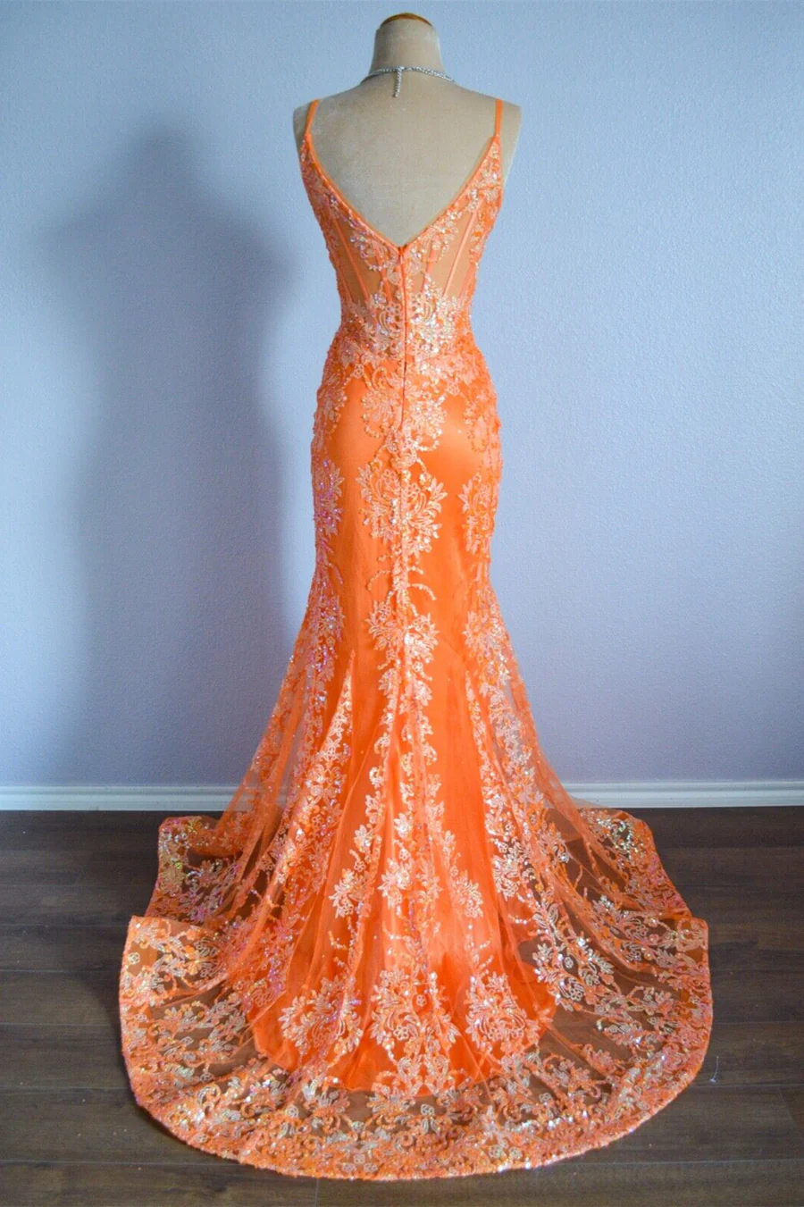 Orange Mermaid Spaghetti Straps Sequins Applique Long Prom Dress