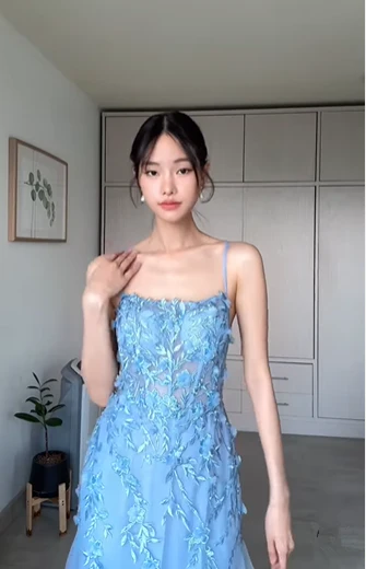 Charming Blue Mermaid Tulle Appliques Evening Dress,Long Prom Party Dress