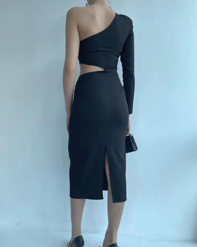 One Shoulder Chain Decor Cutout Bodycon Dress Party Dress