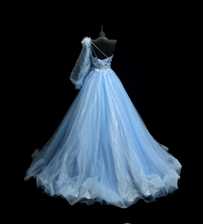 Pretty One Shoulder Blue Tulle Appliques Long Party Dress Formal Evening Dresses