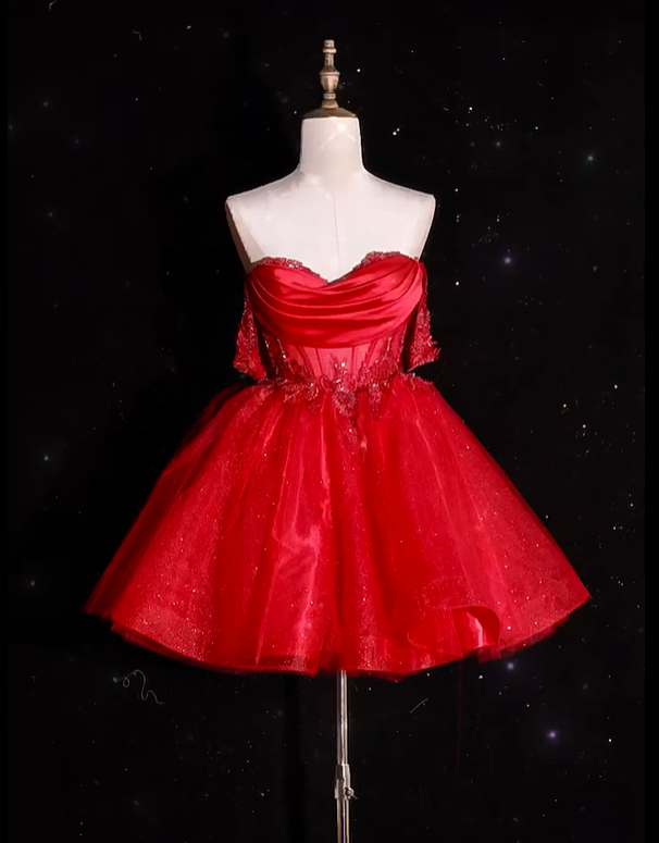 Beautiful Red Off The Shoulder Tulle Appliques 8th Grade Homecoming Dress Short Birthday Outfits