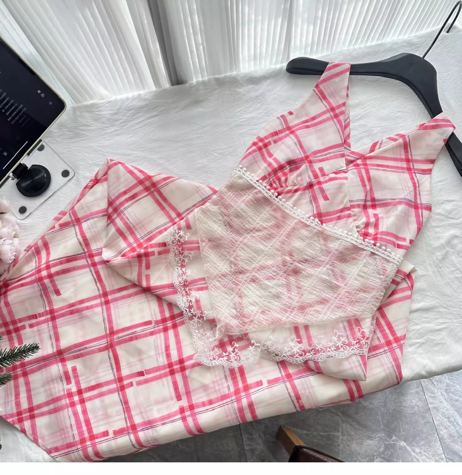 Red White Grid French A Line Vacation Dress Birthday Dress