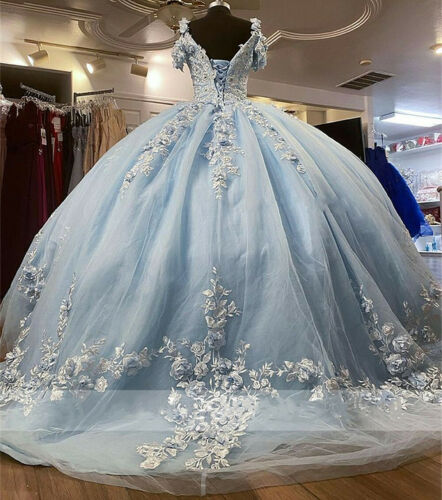 Baby Blue Off Shoulder Quinceanera Dresses Beaded 3D Flowers Ball Gown Sweet 16 Dress
