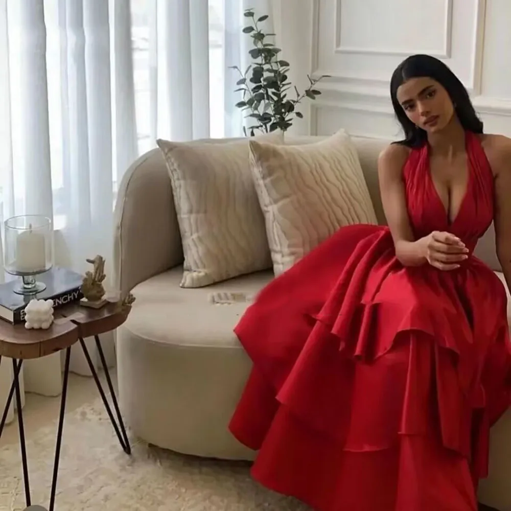 Red Prom Dresses Saudi Arabia Dubai Evening Dress V-Neck Tiered A-Line Sleeveless Floor-Length