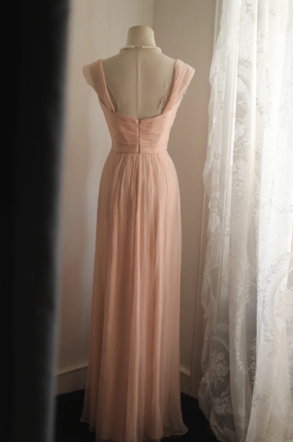 Classy Nude Pink Chiffon A Line Long Wedding Guest Dress Formal Birthday Party Dress