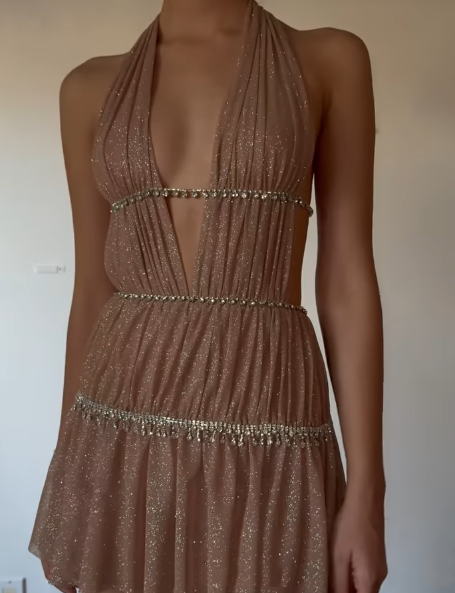 Shiny Halter Deep V Tulle Beaded Short 7th Grade Homecoming Dress Sexy Cocktail Dress