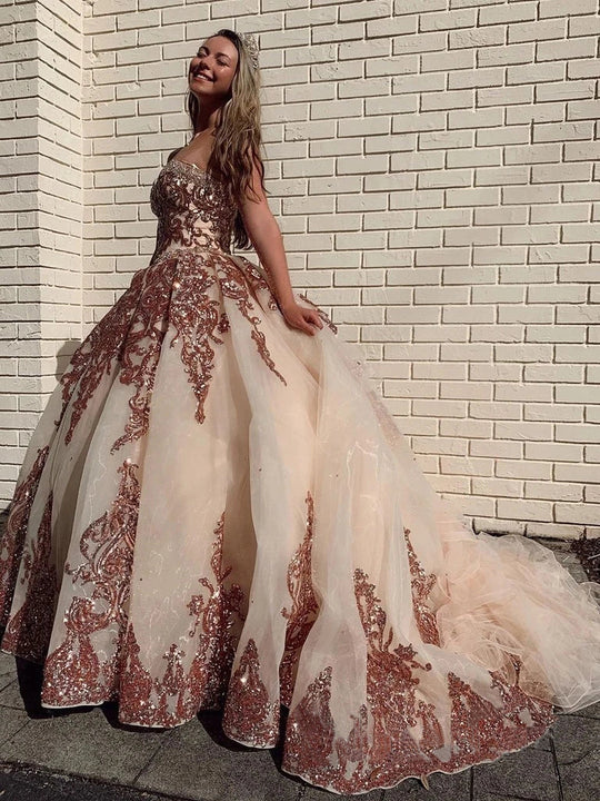 Rose Gold Sequins Ball Gown Sweetheart Strapless Quinceanera Dresses with Beads