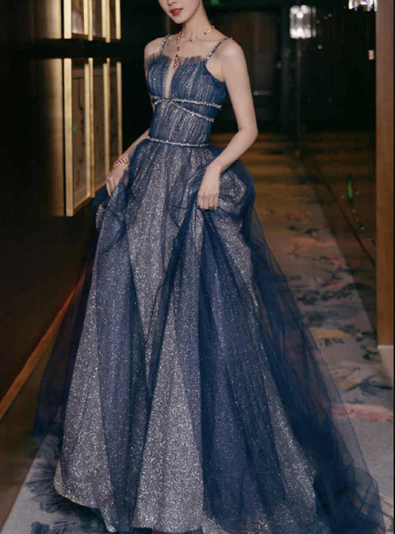 Shiny tulle long A line prom dress blue evening dress