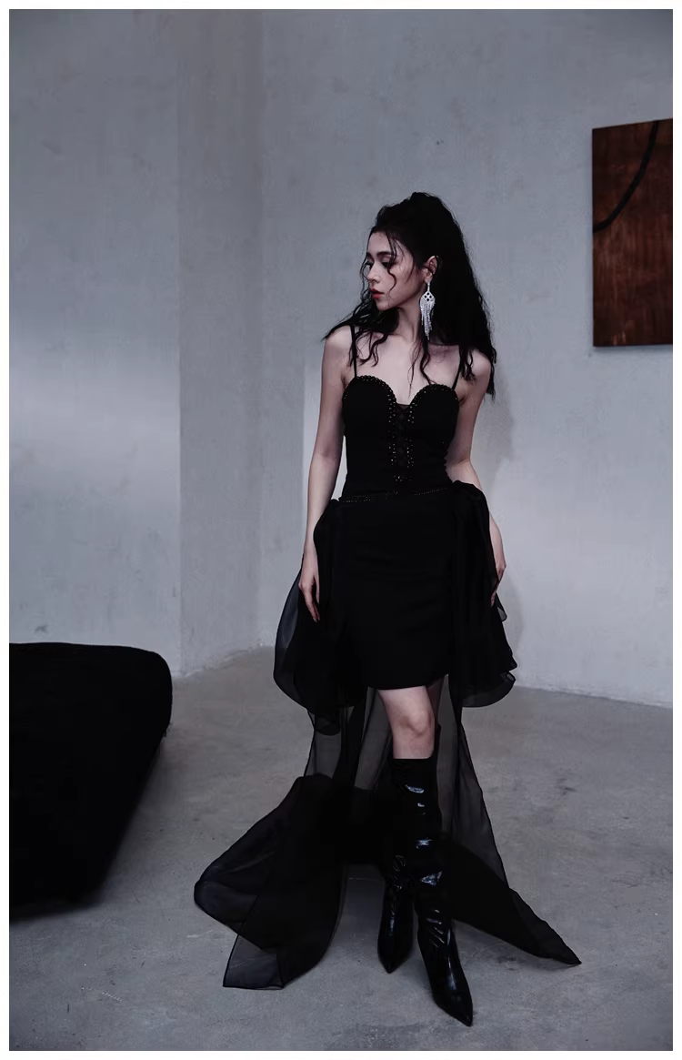 Gorgeous Black Organza Satin Beaded Long Party Dress Birthday Evening Dress