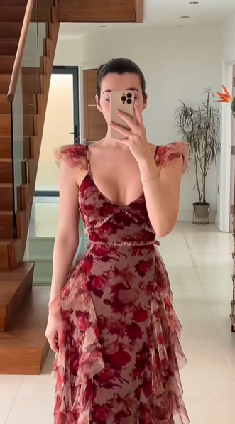 Unique Tulle Chiffon Rose Floral Print Ruffles Party Evening Dress A Line Prom Dress