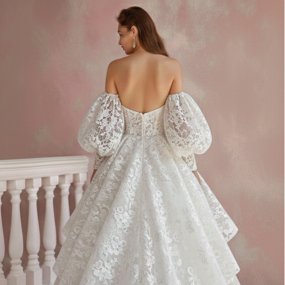 Long Flutter Sleeve Wedding Dress Boho Lace Bridal Gown