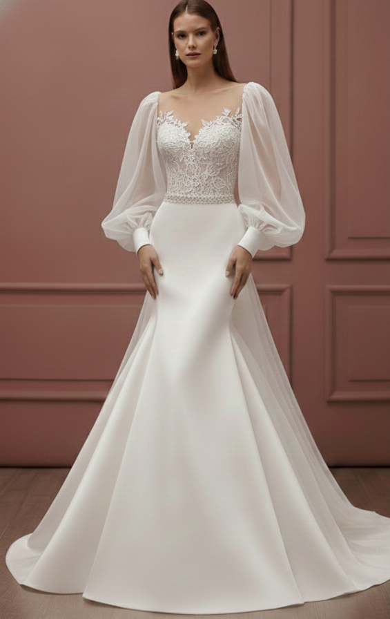 Long Puffy Sleeve Wedding Dress Romantic Classic Bridal Gown