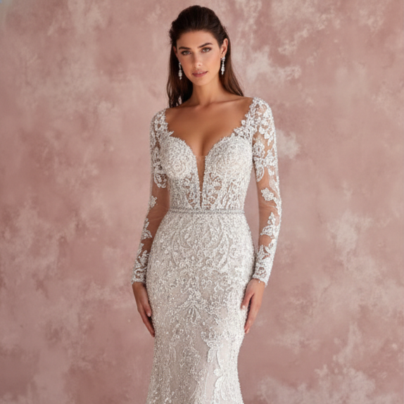 Long Rustic Sleeve Wedding Dress Country Style Lace Trim