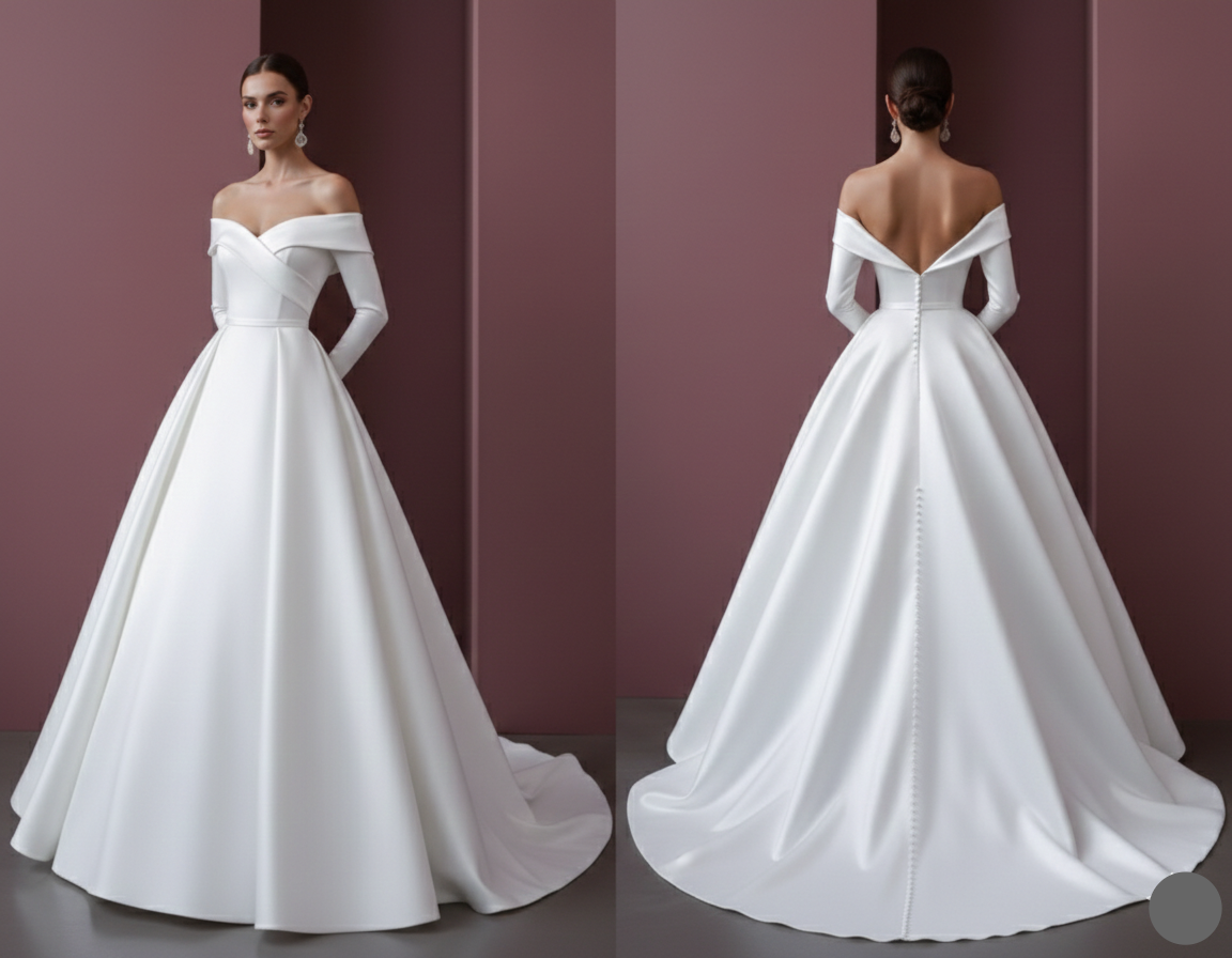 Long Satin Ball Gown Sleeve Wedding Dress Royal Elegant