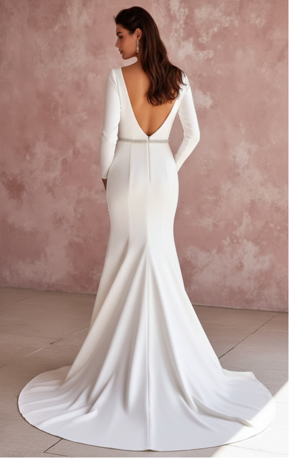 Long Sheath Wedding Dress Silk Satin V-Back Destination Wear