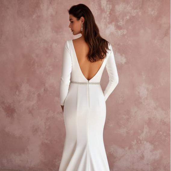 Long Sheath Wedding Dress Silk Satin V-Back Destination Wear