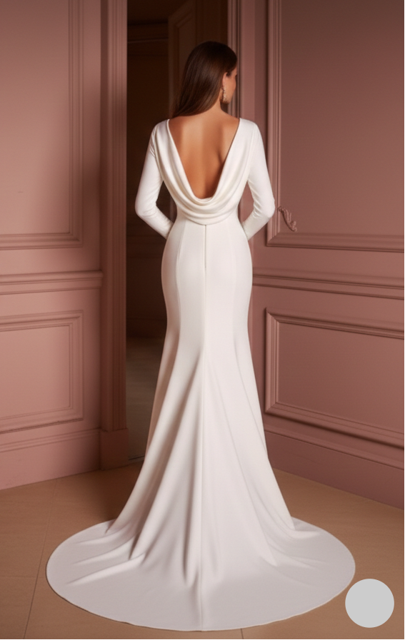 Long Simple Sleeve Wedding Dress Classic Mermaid Fit Gown