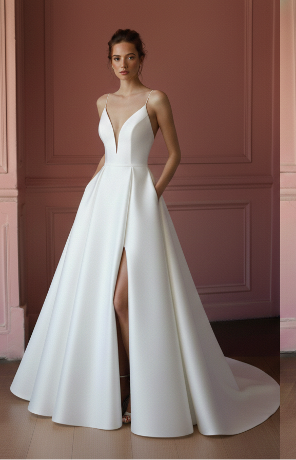 Long Slit Satin Wedding Dress Classic Spaghetti Strap Style