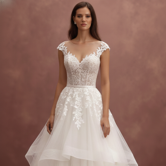 Long Tiered Lace Wedding Dress Country Rustic Style Fashion