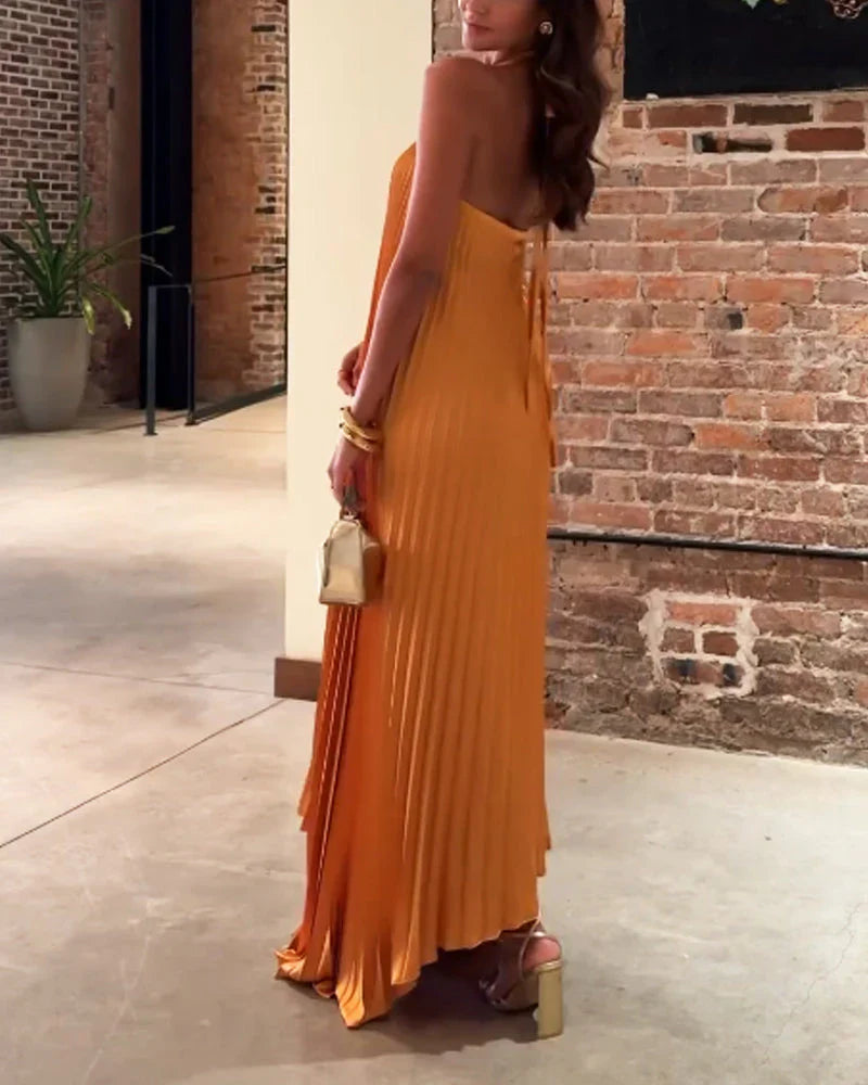 Sexy Halter Pleated Evening Dress Orange Sleeveless Party Prom Dress