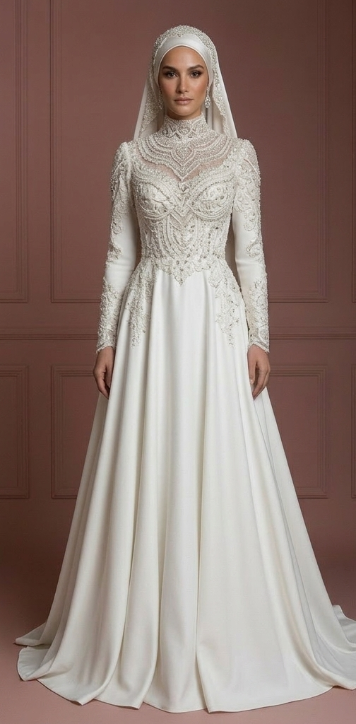 Luxury Couture Hijab Bridal Gown Designer Modest Style Wedding Dress Muslim