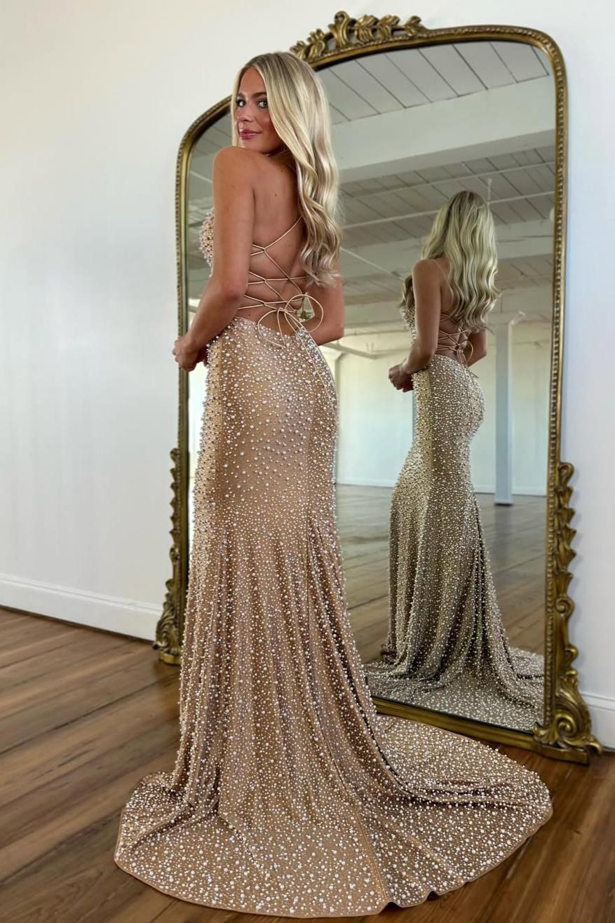 Sparkly Mermaid Spaghetti Straps Black Prom Dress with Pearl Beaded