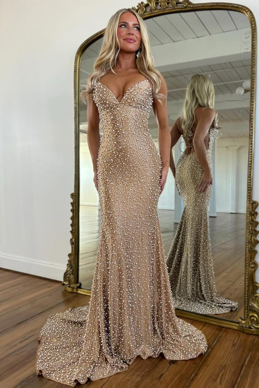 Sparkly Mermaid Spaghetti Straps Black Prom Dress with Pearl Beaded