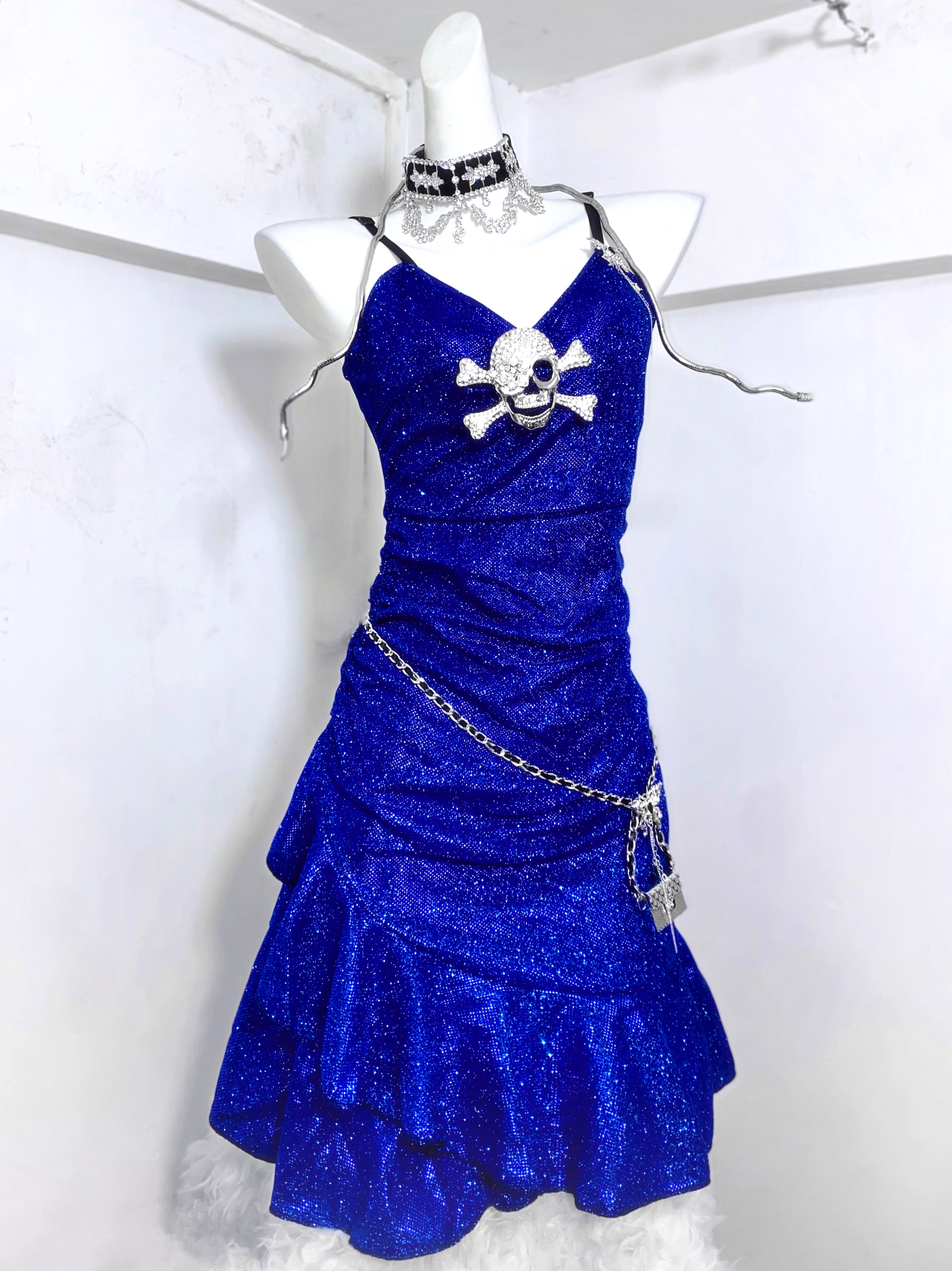 Gorgeous Spaghetti Straps Royal Blue Satin Ruffles Homecoming Dress Cocktail Dress
