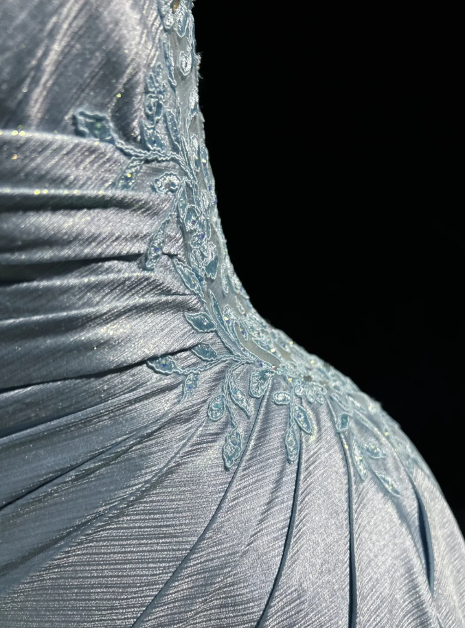 Elegant Spaghetti Straps Blue Satin Appliques Sequin Mermaid Long Wedding Guest Dress Evening Dress