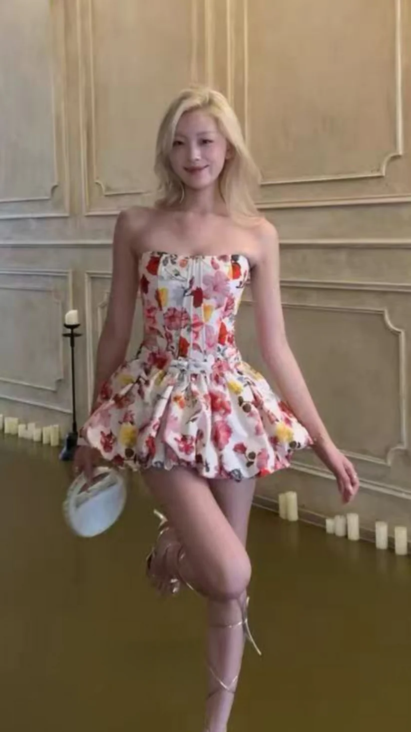 Pretty Strapless Satin Print Floral A Line Short 21st Birthday Outfits Homecoming Dress