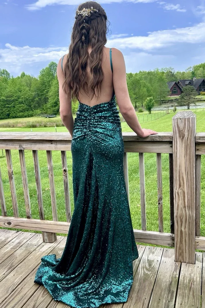 Vintage Green Spaghetti Strap V Neck Sequin Mermaid Slit Evening Dress Long Party Dress