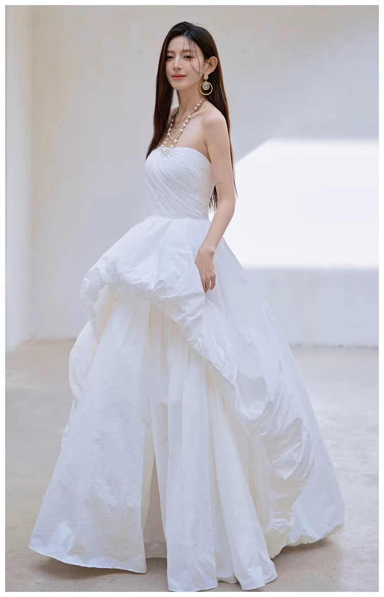 Charming Strapless White Satin Pleated Puff Birthday Party Dress Formal Prom Dresses