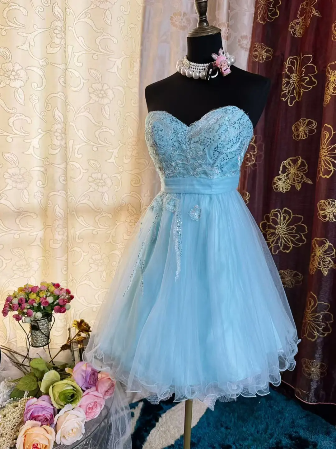 Cute Strapless Light Blue Tulle Appliques A Line Short Graduation Homecoming Dress 20th Birthday Outfits