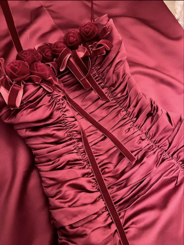 Pretty Strapless Burgundy Satin Pleated Mermaid Party Dress Long Wedding Guest Dress With 3D Flowers