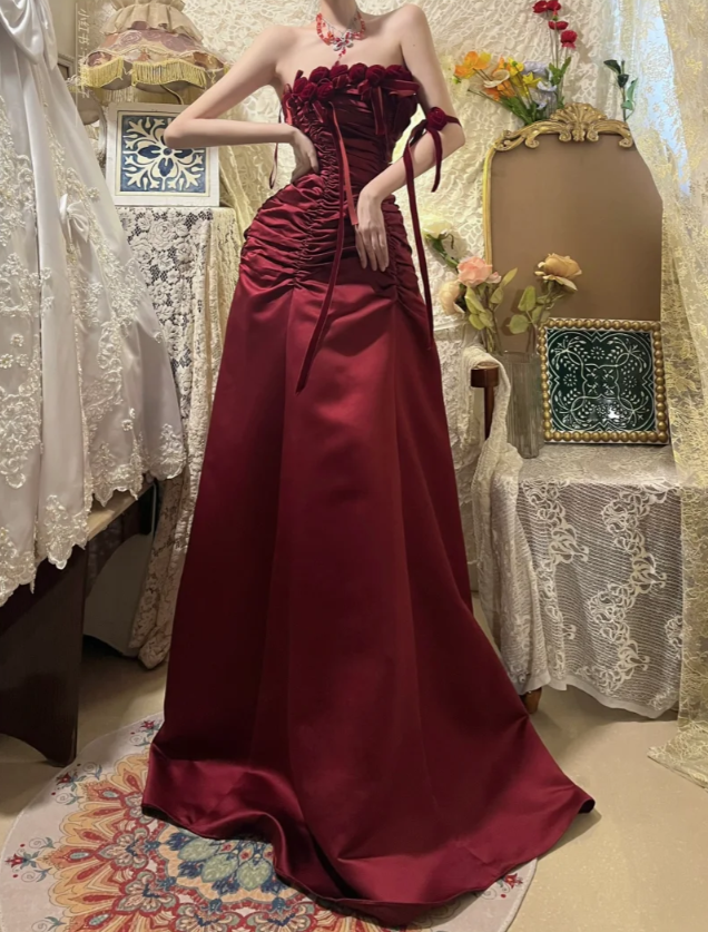 Pretty Strapless Burgundy Satin Pleated Mermaid Party Dress Long Wedding Guest Dress With 3D Flowers