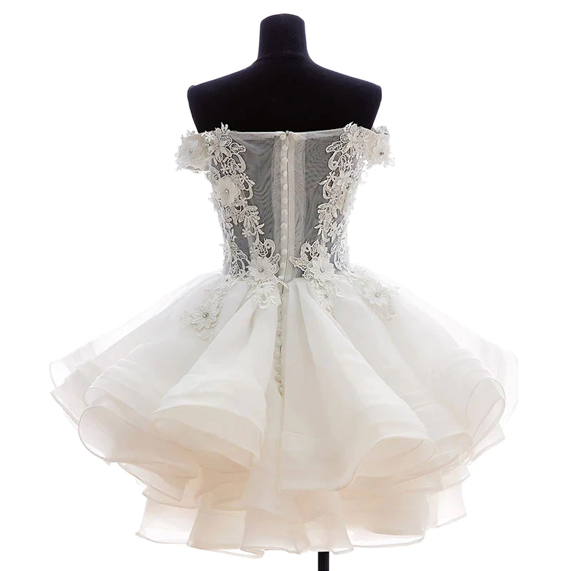 White sweetheart lace applique short cute white homecoming dress Off Shoulder Organza Short Lace Applique Teen Formal Dress