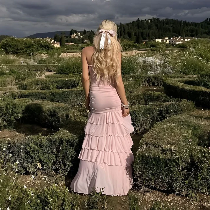Sweet Pink Chiffon Strapless Evening Dress Multi-Layered Slit Prom Party Dress